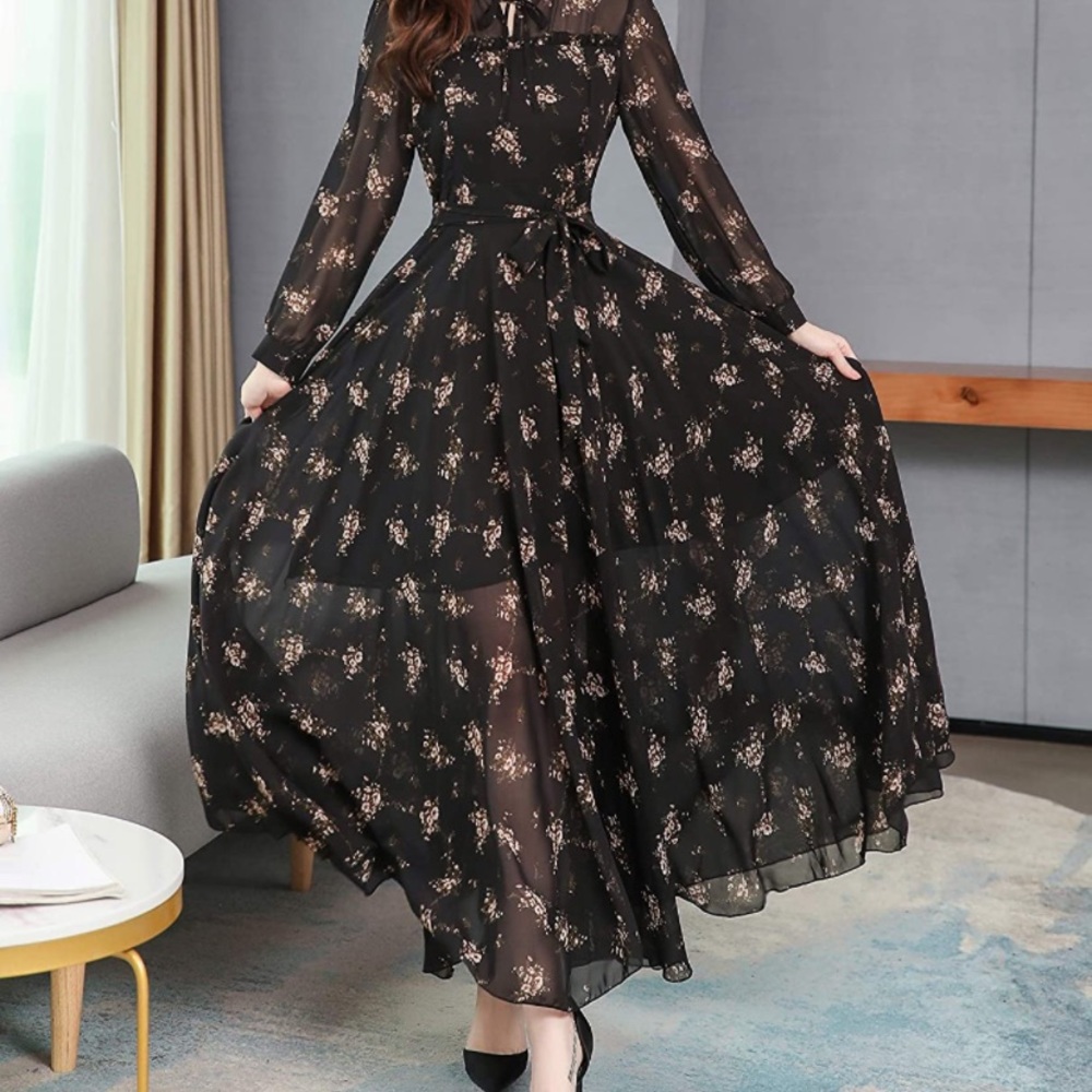 Women's Elegant V Neck Long Sleeve Flowy Maxi Dress, worn once